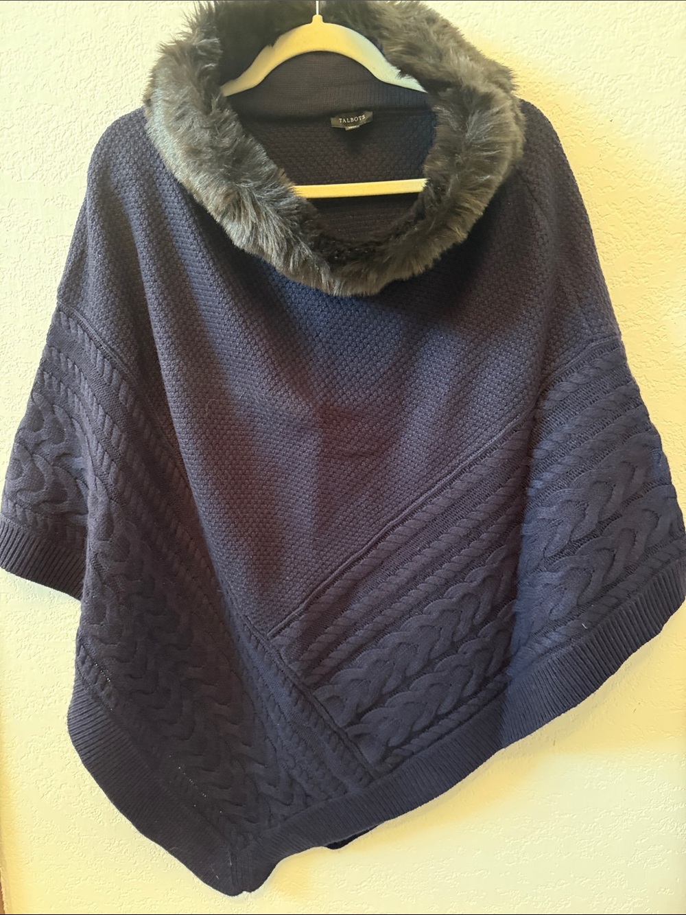 Talbots Navy Cable-Knit Poncho with Faux Fur Collar